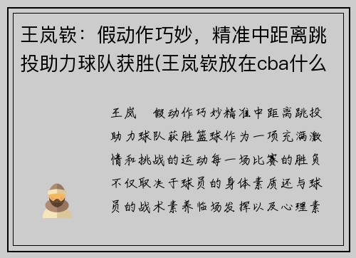 王岚嵚：假动作巧妙，精准中距离跳投助力球队获胜(王岚嵚放在cba什么水平)