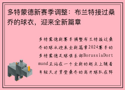 多特蒙德新赛季调整：布兰特接过桑乔的球衣，迎来全新篇章
