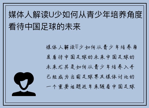 媒体人解读U少如何从青少年培养角度看待中国足球的未来