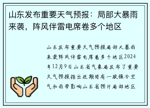 山东发布重要天气预报：局部大暴雨来袭，阵风伴雷电席卷多个地区