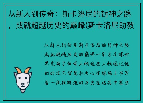 从新人到传奇：斯卡洛尼的封神之路，成就超越历史的巅峰(斯卡洛尼助教)
