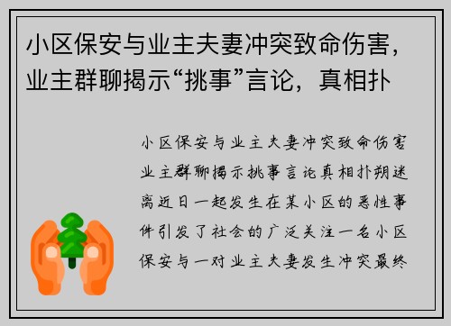 小区保安与业主夫妻冲突致命伤害，业主群聊揭示“挑事”言论，真相扑朔迷离