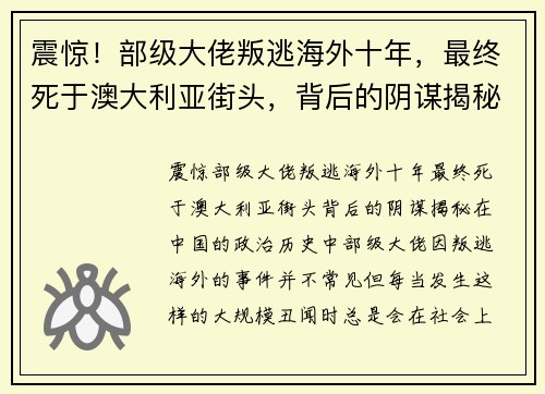 震惊！部级大佬叛逃海外十年，最终死于澳大利亚街头，背后的阴谋揭秘