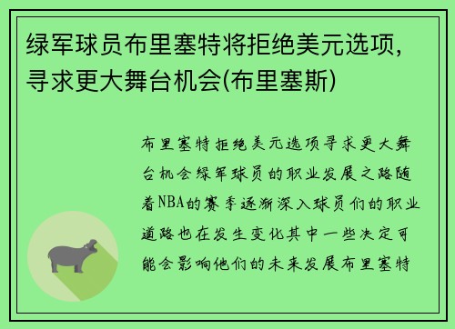 绿军球员布里塞特将拒绝美元选项，寻求更大舞台机会(布里塞斯)