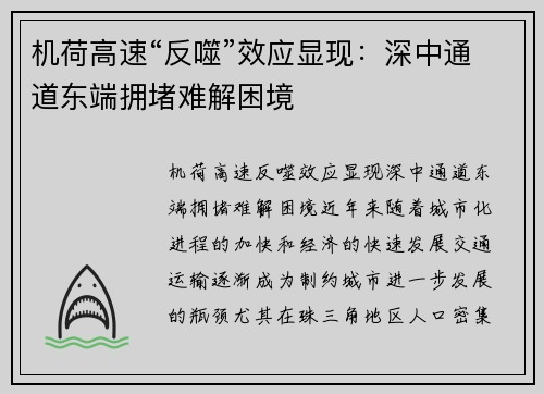机荷高速“反噬”效应显现：深中通道东端拥堵难解困境