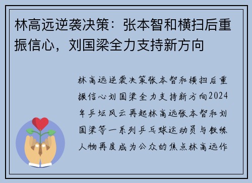 林高远逆袭决策：张本智和横扫后重振信心，刘国梁全力支持新方向