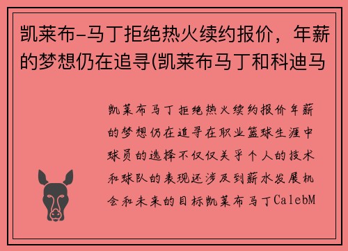 凯莱布-马丁拒绝热火续约报价，年薪的梦想仍在追寻(凯莱布马丁和科迪马丁)